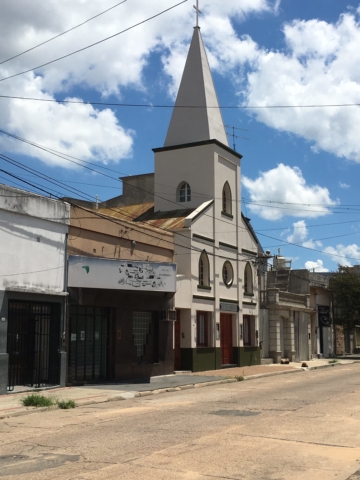 Church in Concordia - note the different sidewalks outside each building