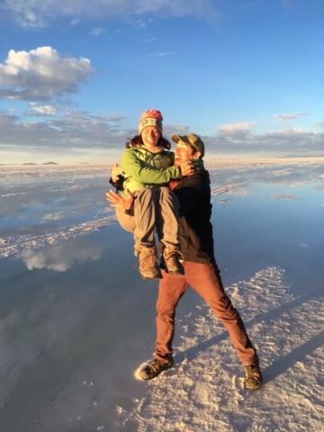 Eric is so excited about the sunrise he's throwing Jess in the salar